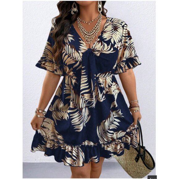 NEW Shein Holidaya Plus Floral Print Tie Front Plunging Neck Dress Navy Blue 0XL - Picture 5 of 5